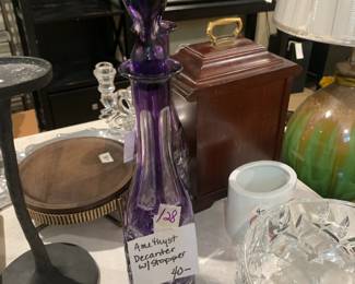 #128 Amethyst decanter w/stopper - 17" Tall $40.00
#129 Amethyst decanter w/stopper - 17" Tall $40.00
