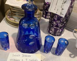 #171 Cobalt Decanter & Stopper w/3 cordials $44.00