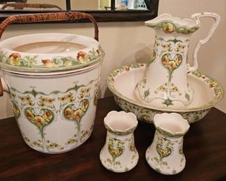 1915 Art Nouveau Bathroom Set with Slop Bucket ( rare piece with bamboo handle) .Atema Pattern .