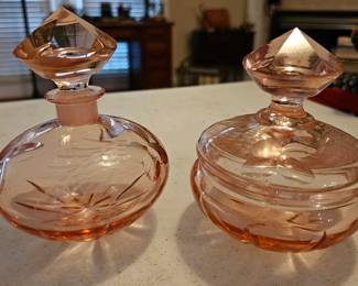 Very pretty Pink etched Dresser jars.