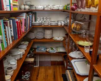 Pantry with vases, cake stands, chip and dip sets and 200 cookbooks