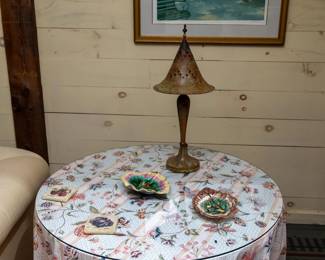 Witch hat lamp sold, Magolica trays, tile coasters