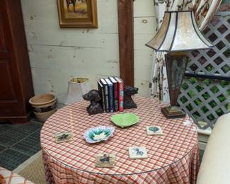 Dog boo ends sold. Copper table lamp and Majolica trays