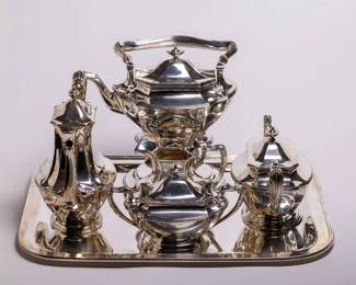 Sterling silver tea set, Birmingham, England. Tray Tiffany also Sterling silver. Sold as a set