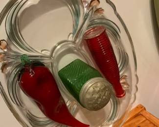 Glass chili pepper, green glass shaker, red bottle vintage glass tray