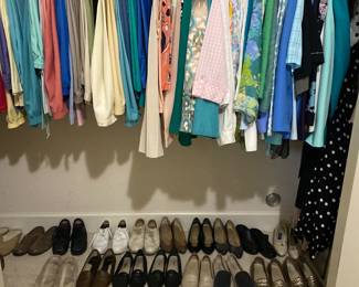 Alford Dunner tops 12 and page. Many good brands available. .Lots of Alfred Dunner pants sizes 12 and 14. Women’s shoes size 8 mostly Trotters brand