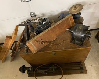 Vintage lathe, sander, grinder, multitool belt driven comes with trunk
