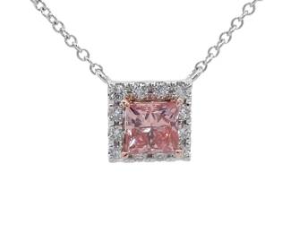 NEW! 0.65 Carat Fancy Pink & White Diamond Princess Halo Pendant Necklace in 14k Two-Tone Gold