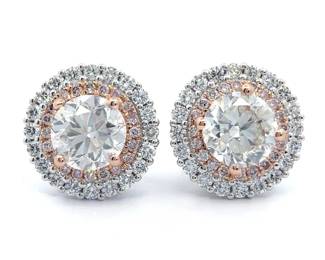 NEW! 3.89 Carat Natural Diamond Round Halo Stud Earrings in 18k Two-Tone Gold