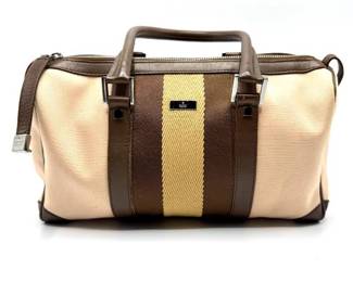 Gucci Beige Canvas and Brown Leather Boston Bag with Yellow Web Stripe; Pre-Owned