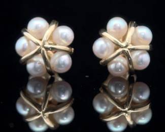 White Pearl Cluster Flower Earrings in 14k Yellow Gold
