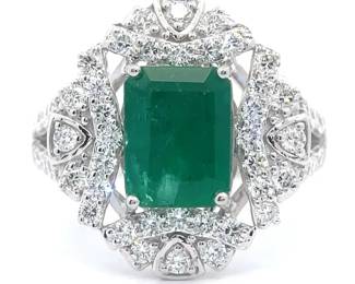 NEW! 3.10 Carat Oscar Friedman Natural Emerald & Natural Diamond Halo Ring in Platinum