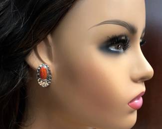 Sterling Silver & Coral Oval Earrings – Signed Dakota West Design