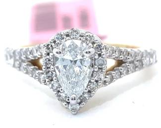 NEW! 1 Carat Diamond Pear Halo Pavé Split Shoulder Ring in 14k Yellow Gold