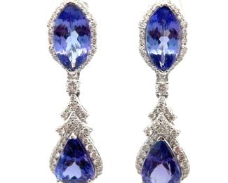 12.31 Carat Natural Tanzanite & Natural Diamond Dangle Earrings in Platinum