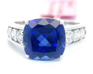 NEW! 0.62 Carat Diamond & Blue Sapphire Cathedral Ring in 14k White Gold