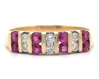 0.20 Carat Ruby & Natural Diamond Channel Bar Ring in 14k Yellow Gold