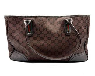 Gucci Brown GG Coated Canvas Tote with Leather Trim and Red-Green Web Accents; Pre-Owned