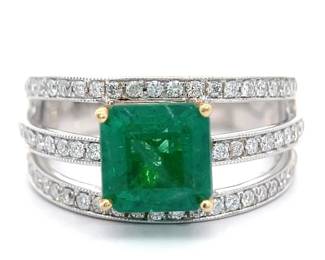 2.63 Carat Natural Emerald & Natural Diamond Triple Band Ring in 18k Two-Tone Gold