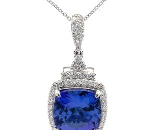 NEW! Oscar Friedman 6.46 Carat Natural Tanzanite AAA+ Quality & Natural Diamond Pendant Necklace in Platinum