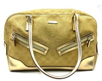 THE GOLDEN HANDBAG! Gucci Metallic Gold GG Monogram Canvas Boston Bag with Leather Trim; Pre-Owned