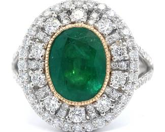 3.90 Carat Oval Natural Emerald & Pavé Natural Diamond Ring in Platinum & 18k Gold