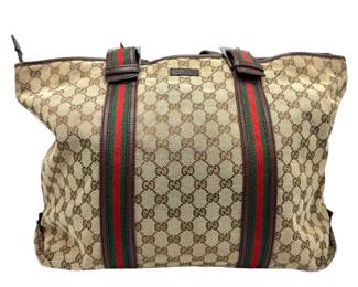 Gucci GG Supreme Canvas Web Stripe Tote in Beige with Brown Leather Trim; Pre-Owned