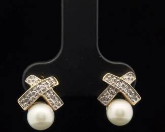 White Cultured Pearl & Pavé Diamond XO Drop Earrings in Yellow Gold