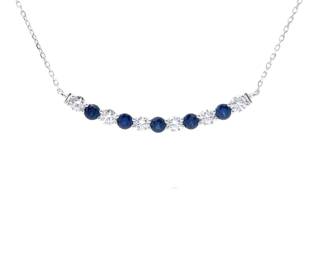 NEW! 1.00 Carat Natural Blue Sapphire & Diamond Curved Necklace in 14k White Gold