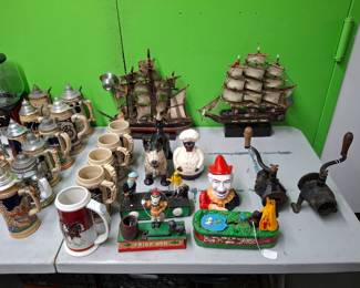 German Beer Steins, Vintage cast iron banks and door stop
