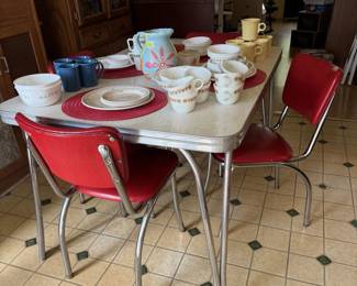 Formica Table with 4 Red Chairs