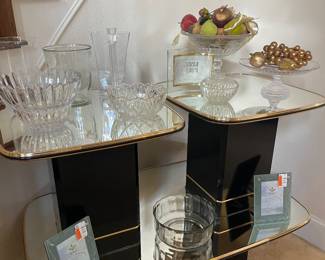 Postmodern End/side tables and coffee table. Mirrored top and black lacquered Pedestal Bases