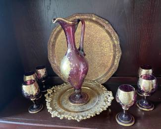Vintage Venetian Murano Gold Guild Enameled stemware and pitcher/ewer