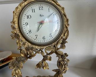 Vintage 24 K Gold plated Matson Bird & Dogwood Mantel Clock