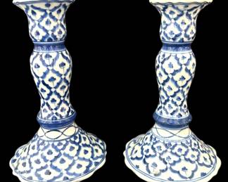 Pair of Blue White Ceramic Candlesticks