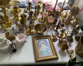 Assortment of Brass Candlestick holders, birds, vases, etc