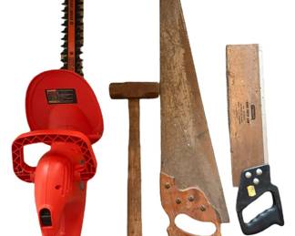 Small sledge hammer, two saws and electric hedge trimmers