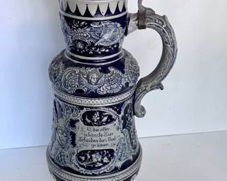 Large blue German stein with a pewter lid.