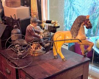 Reproduction rider, horse and buggy figures