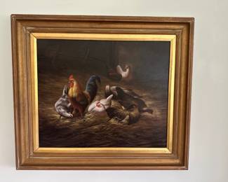 Signed Borofsky Farmyard Oil Painting Rooster & Hens In Barn Scene