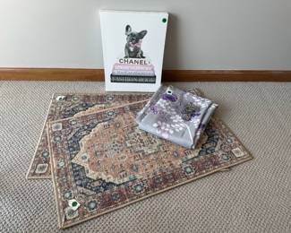 Miscellaneous Lot-wall Hanging, 2 Small Rugs, Shower Curtain & Hooks