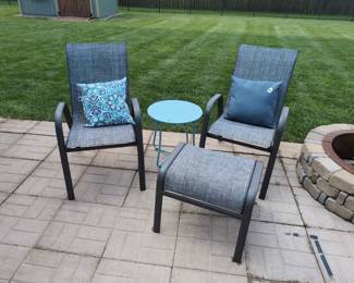 Two Outdoor Armchairs, Two Throw Pillows,(1) Side Table, (1) Ottoman