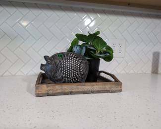 Home Decor Decorative Pig, Artificial Plant, Wood Tray