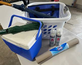 Miscellaneous Lot- Cooler, Umbrellas, Laundry Basket, Butane Fuel