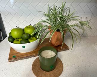 Misc Decor- Bowl Of Apples & Limes, Animal Vase With Artificial Plant, Board, Candle