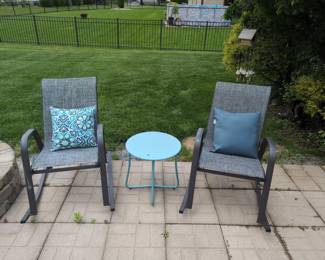 Two Outdoor Armchairs, Two Throw Pillows,(1) Side Table