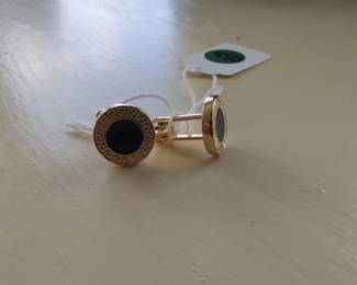 Gold-tone Greek Key Cufflinks With Black Enamel Inlay Classic Round Design