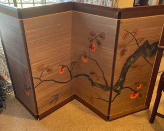 Japanese screen hand painted on silk persimmons and a swallows Kazuharu or Usshun