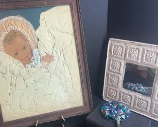 antique baby blanket artwork and two mirrors