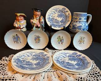 Toby muggs, "Merry Couple" saucers, Wedgewood plates, doily, Delft blue pitcher
